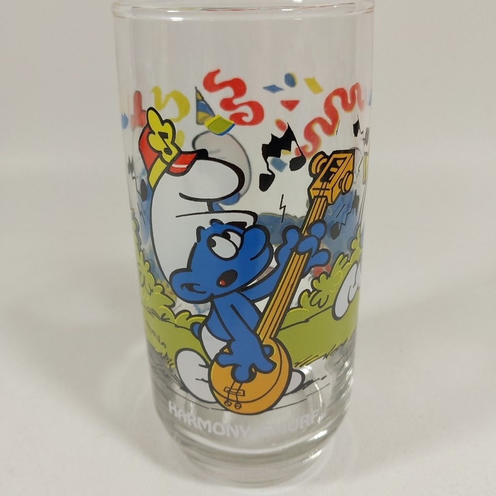 Harmony Smurf Drinking Glass 1983 Peyo Wallace Berrie & Co Promotional 6" 14 oz